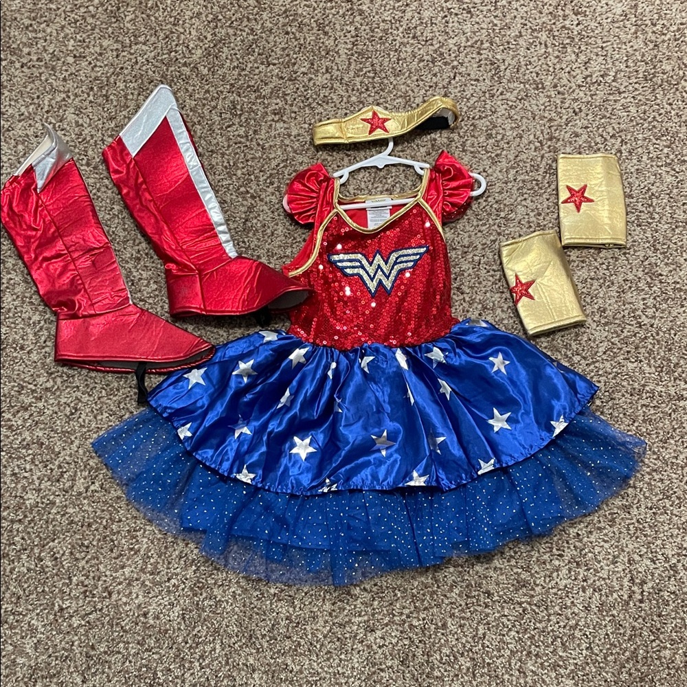 Girls Red & Blue Wonder-Inspired Tutu Costume with Gold Accessories